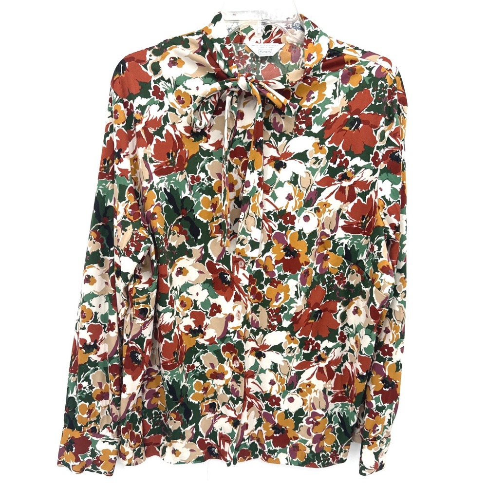 Vintage 70s Sears Womens Blouse XL Multicolor Fall Floral Tie Neck Retro Boho